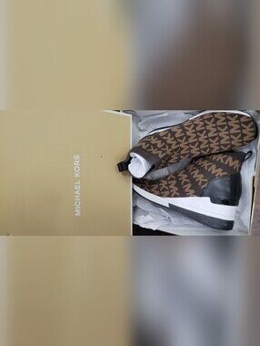 Michael Kors Brown & Black Logo Knit Wedge Ankle Booties